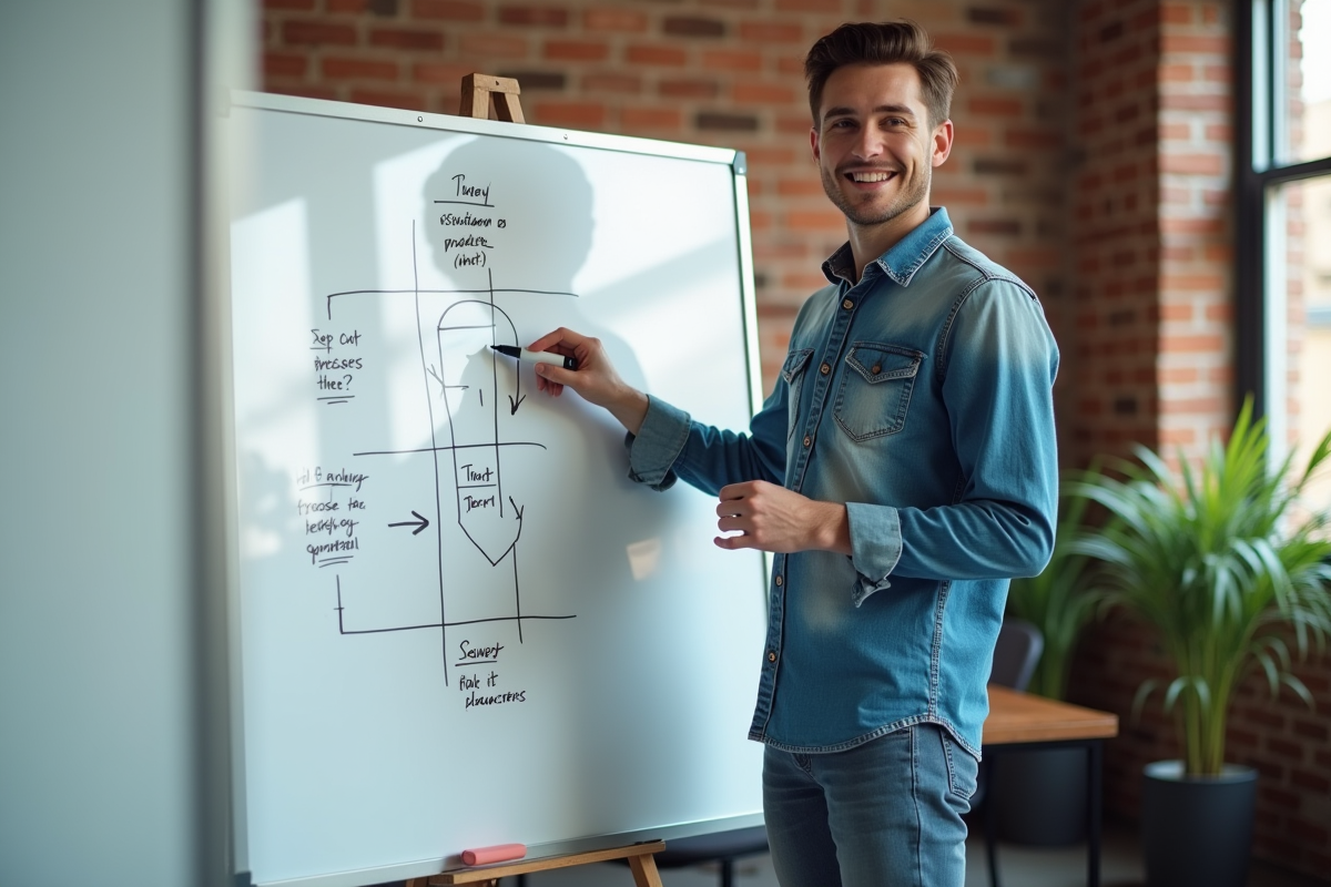 Jeune homme dessinant étape sur whiteboard en équipe