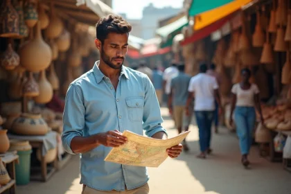 Jeune voyageur regardant une carte dans un marché Zanzibar
