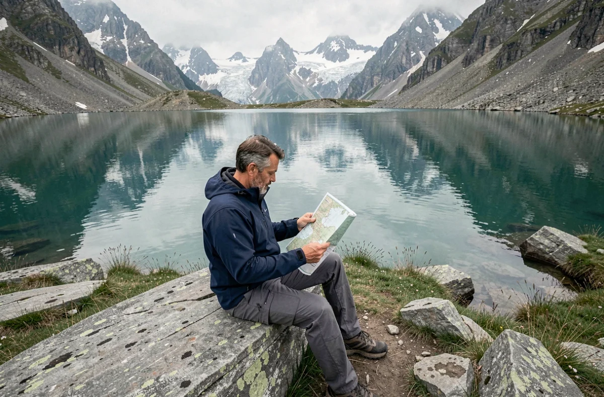 Randonneur consultant une carte topographique au bord d'un lac d'altitude aux eaux turquoise en Haute-Savoie