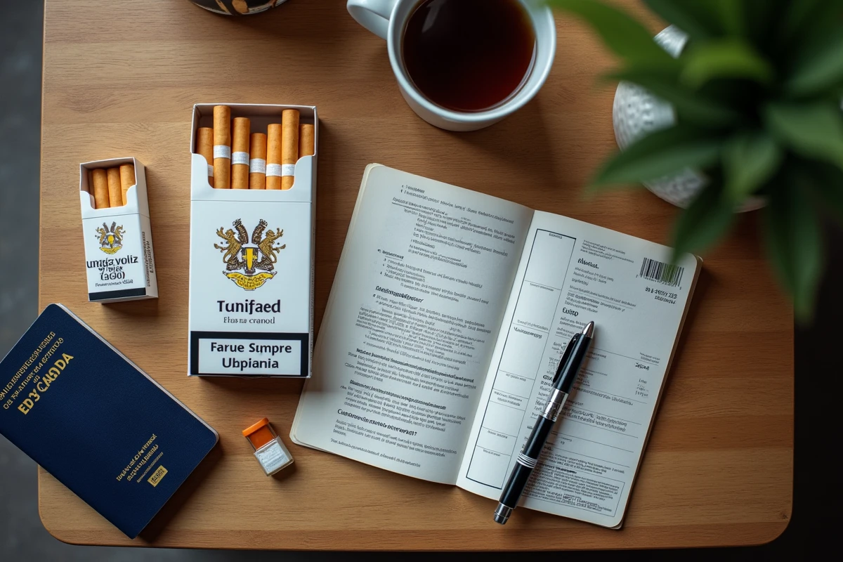 Vue aérienne de deux cartouches de cigarettes avec passeport européen et formulaire de douane pour voyage en Espagne