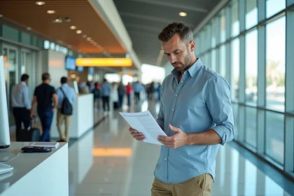 Homme vérifiant un contrat de location de voiture au comptoir d'un aéroport marocain
