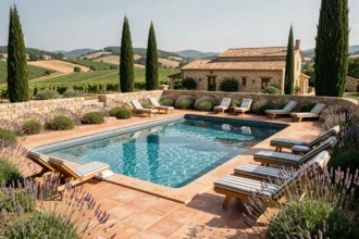 Piscine privée avec vue sur la campagne occitane, entourée de lavande et d'une ferme en pierre traditionnelle