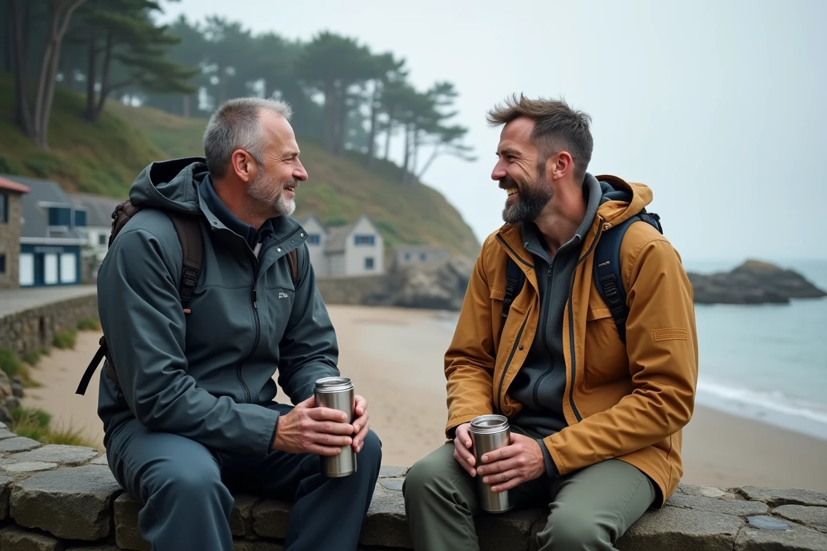 Deux habitants de Vannes savourant un café sur la plage de Conleau hors saison, avec le village balnéaire breton désert et le golfe calme en arrière-plan