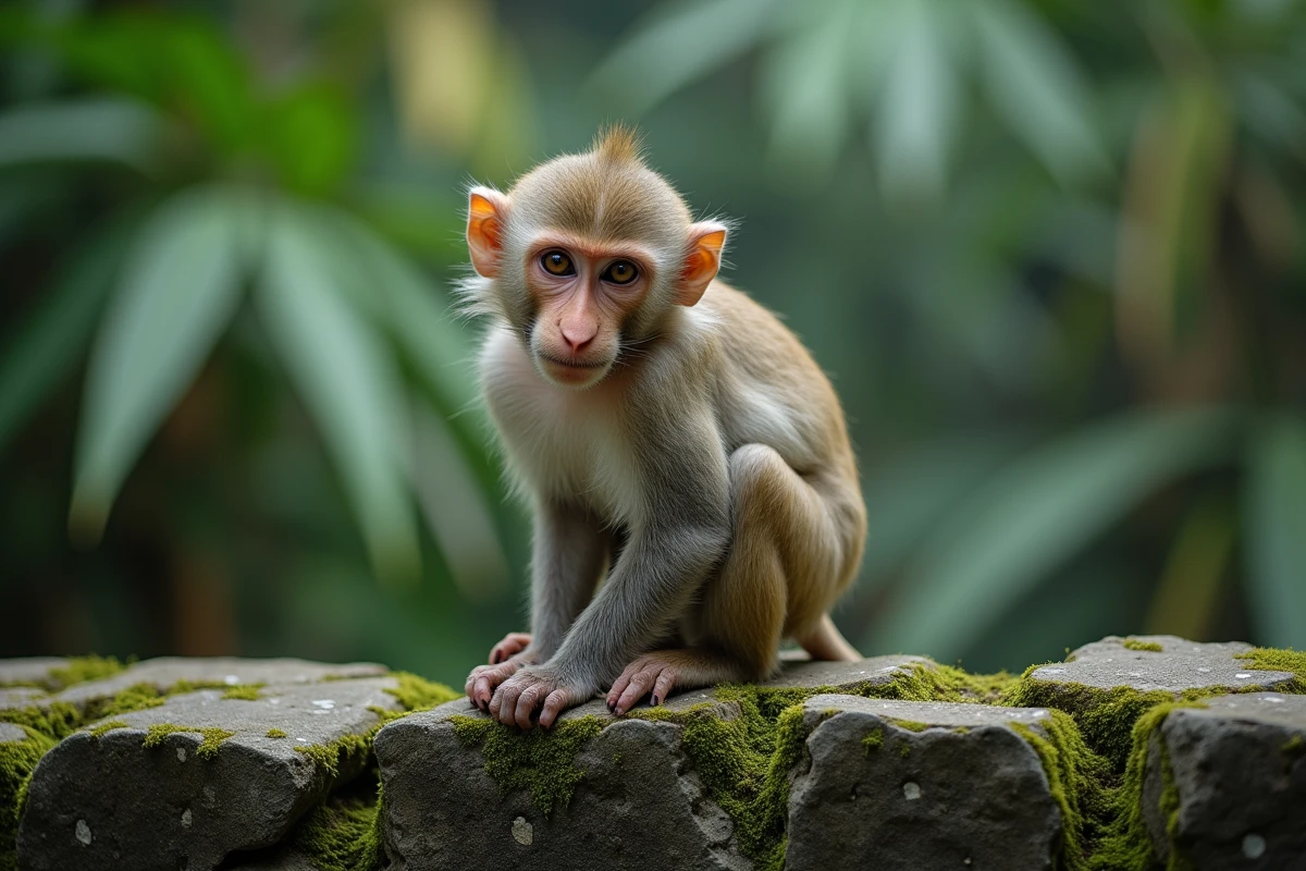 Macaque à longue queue perché sur un mur de pierre moussu dans la jungle d'Asie du Sud-Est, regard curieux et naturel