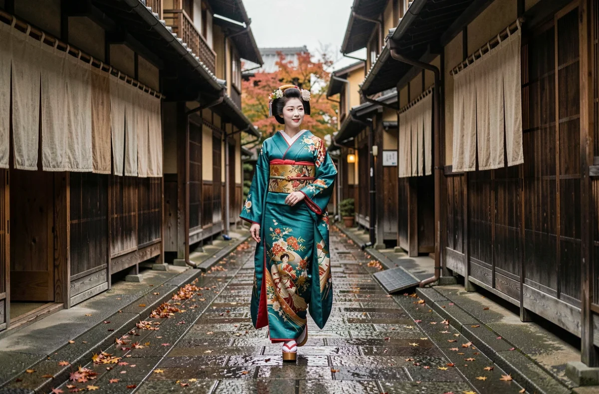 Maiko en furisode coloré marchant sur les pavés humides d'une ruelle du quartier de Gion à Kyoto en automne