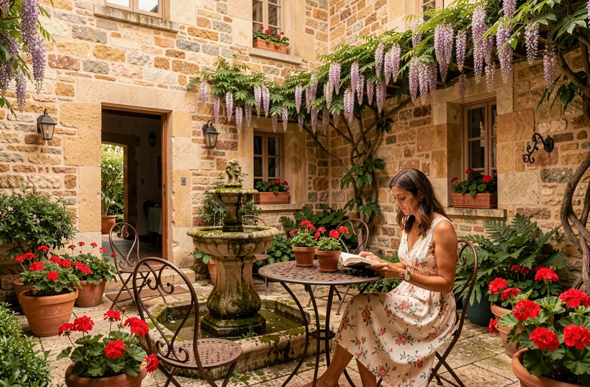 Cour intérieure fleurie de La Maison du Passage à Martignargues avec fontaine en pierre et décor cévenol