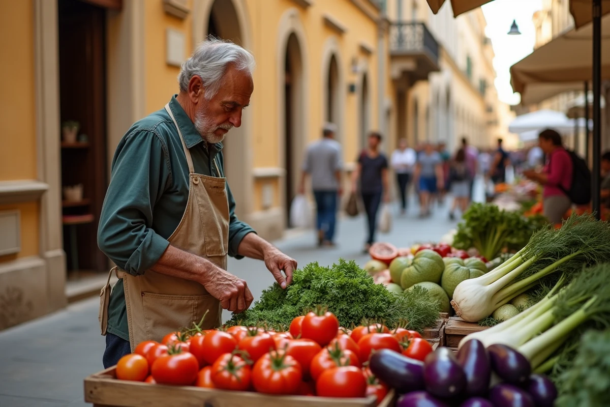 Vendeur de légumes au marché du matin dans le centre historique baroque de Lecce dans les Pouilles