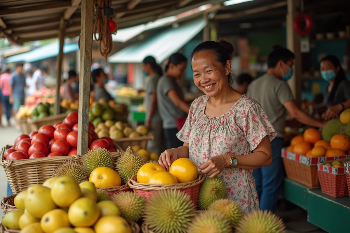 Marché local animé de Mindanao avec étals de fruits tropicaux et vendeurs philippins en tenue quotidienne