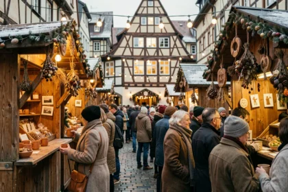 Marché de Noël traditionnel alsacien à Strasbourg avec chalets en bois et visiteurs en manteau dégustant du vin chaud