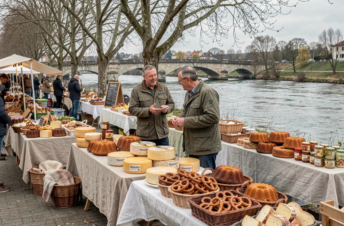 Marché de producteurs locaux en Bas-Rhin avec fromages Munster, bretzels et choucroute au bord de l'Ill