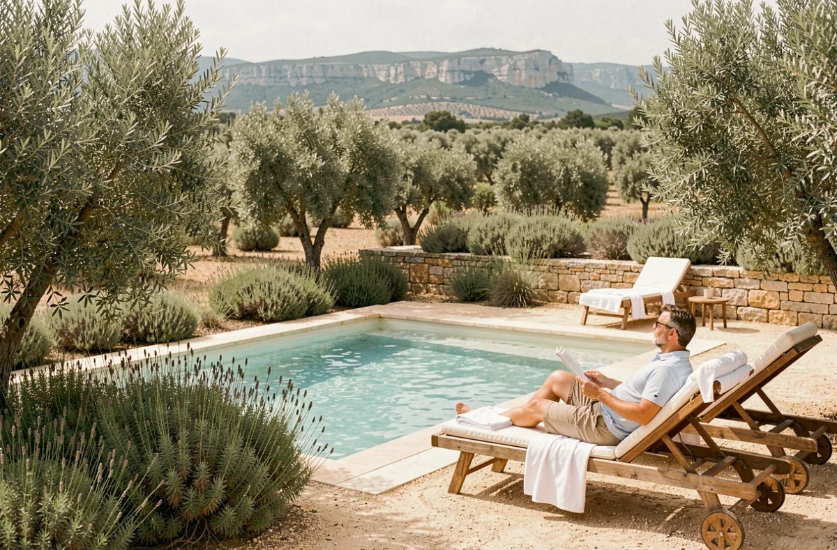 Mas de la Combe dans le Gard avec piscine entourée d'oliviers et de garrigue provençale sur terrasse en pierres sèches