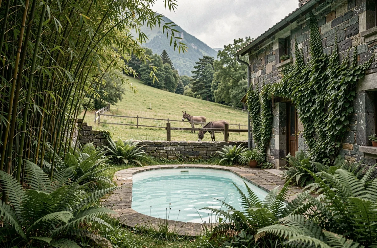 Le Mas des Music'ânes en Ariège avec sa piscine naturelle et ses ânes dans un cadre verdoyant de montagne