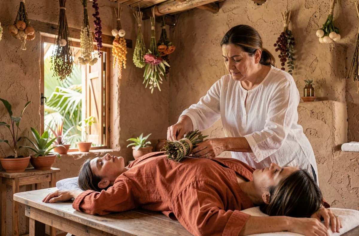 Soin de massage aux herbes tropicales dans un spa bien-être rustique en adobe à Mazunte au Mexique