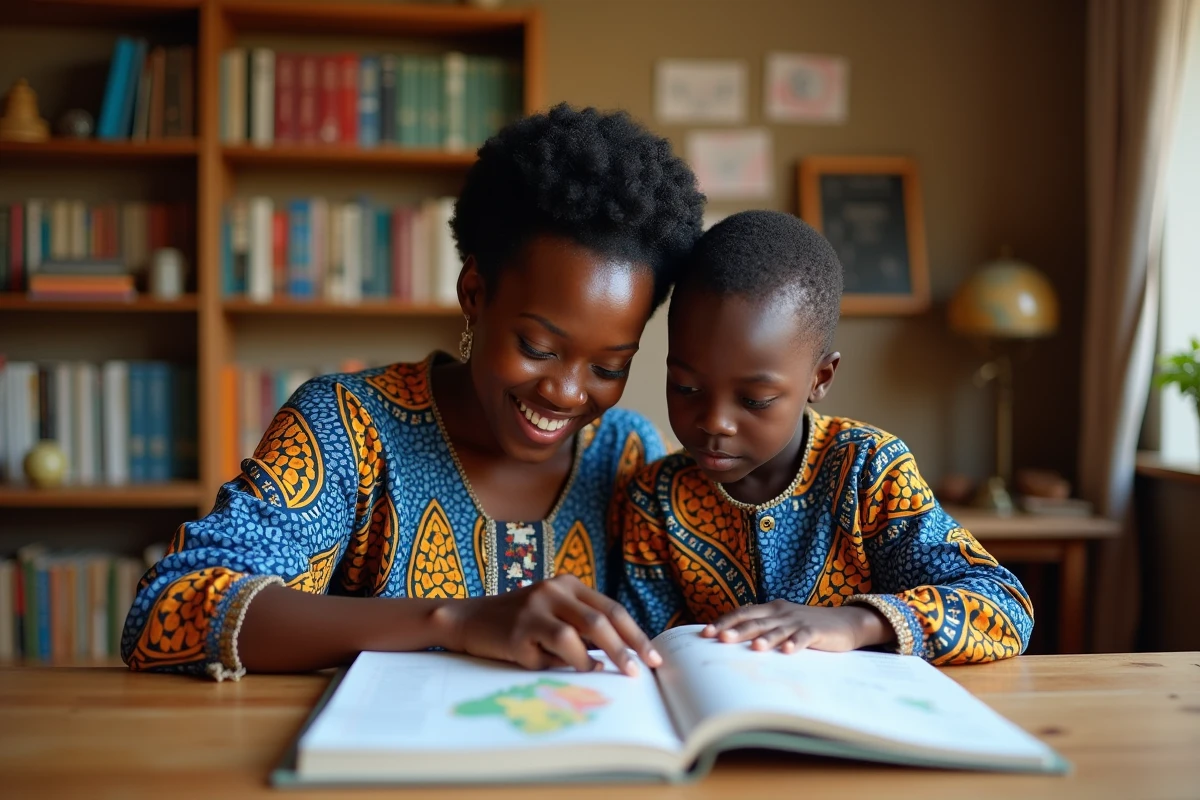 Mère sénégalaise aidant son fils à découvrir la carte du Sénégal dans un livre de géographie pour enfants