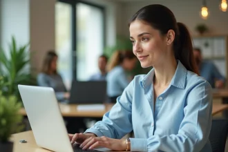 Femme professionnelle rédigeant un message de bonnes vacances à son patron sur un ordinateur portable dans un bureau moderne