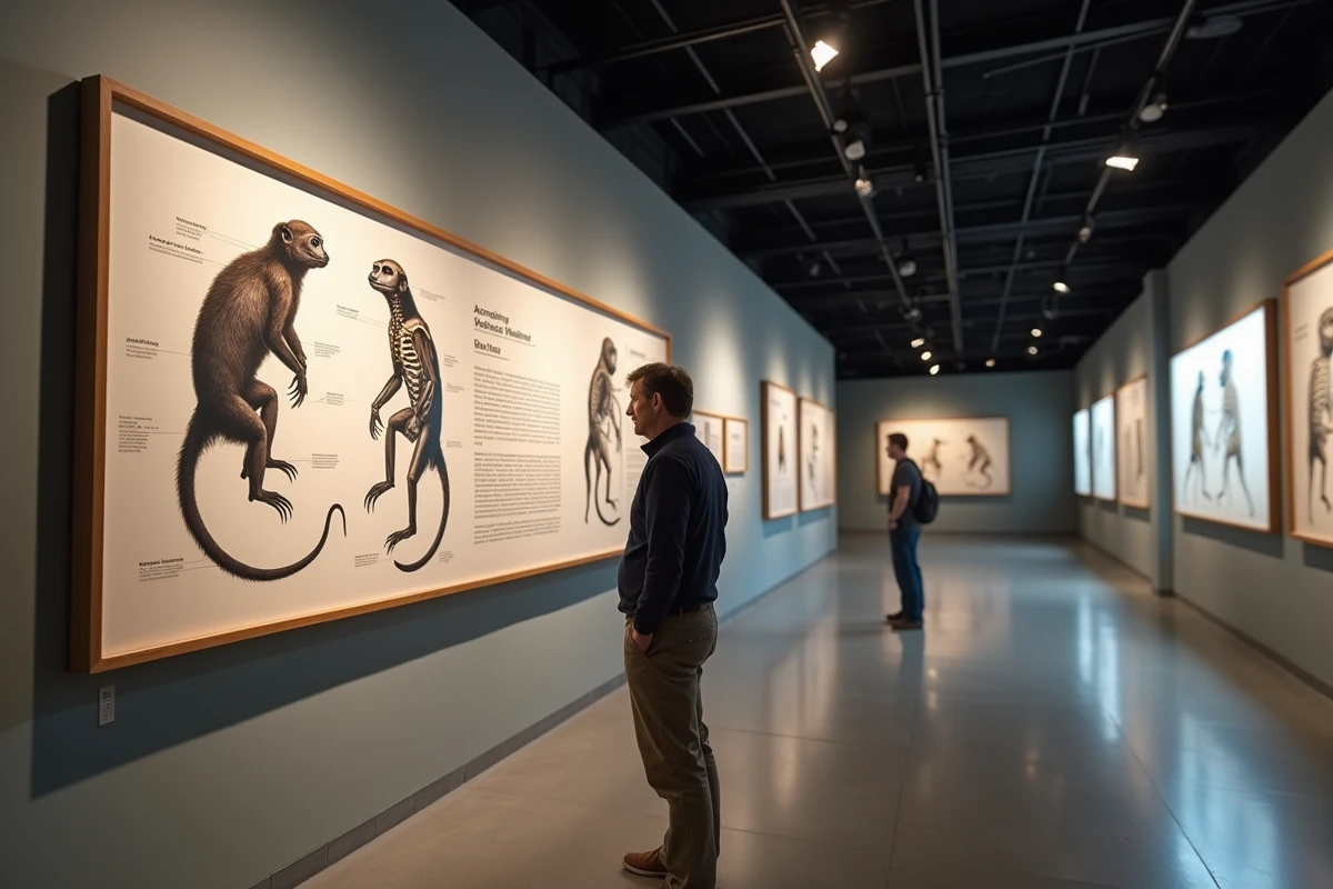 Panneau muséographique comparatif entre le tarsier et un primate dans un musée d'histoire naturelle, visiteur en arrière-plan