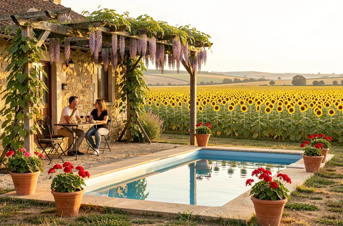 Les Music'Hôtes dans le Gers avec piscine entourée de champs de tournesols et pergola fleurie de wisteria