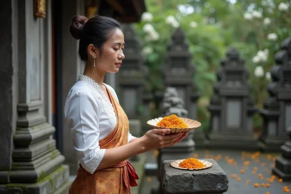Femme balinaise en tenue traditionnelle déposant une offrande canang sari devant un temple à Ubud, Bali, geste de dévotion spirituelle hindoue balinaise