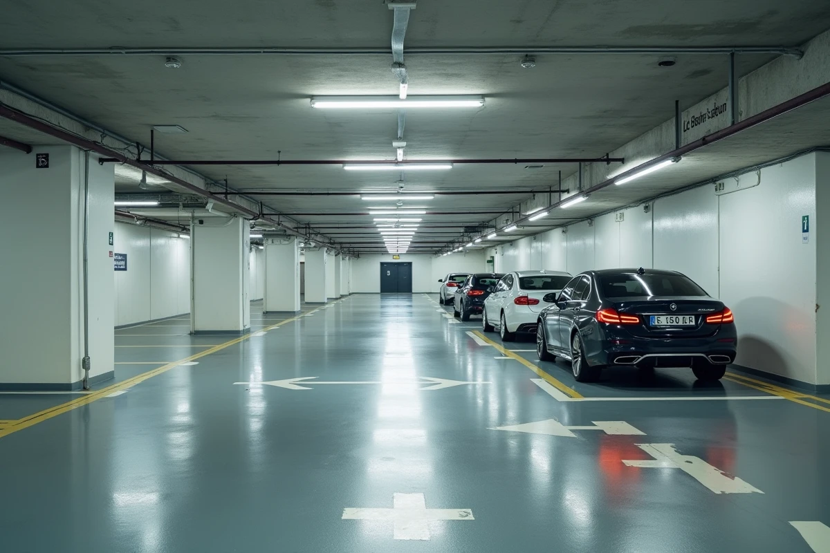 Parking souterrain sécurisé d'un hôtel de centre-ville à Dijon avec barrière d'accès et places numérotées