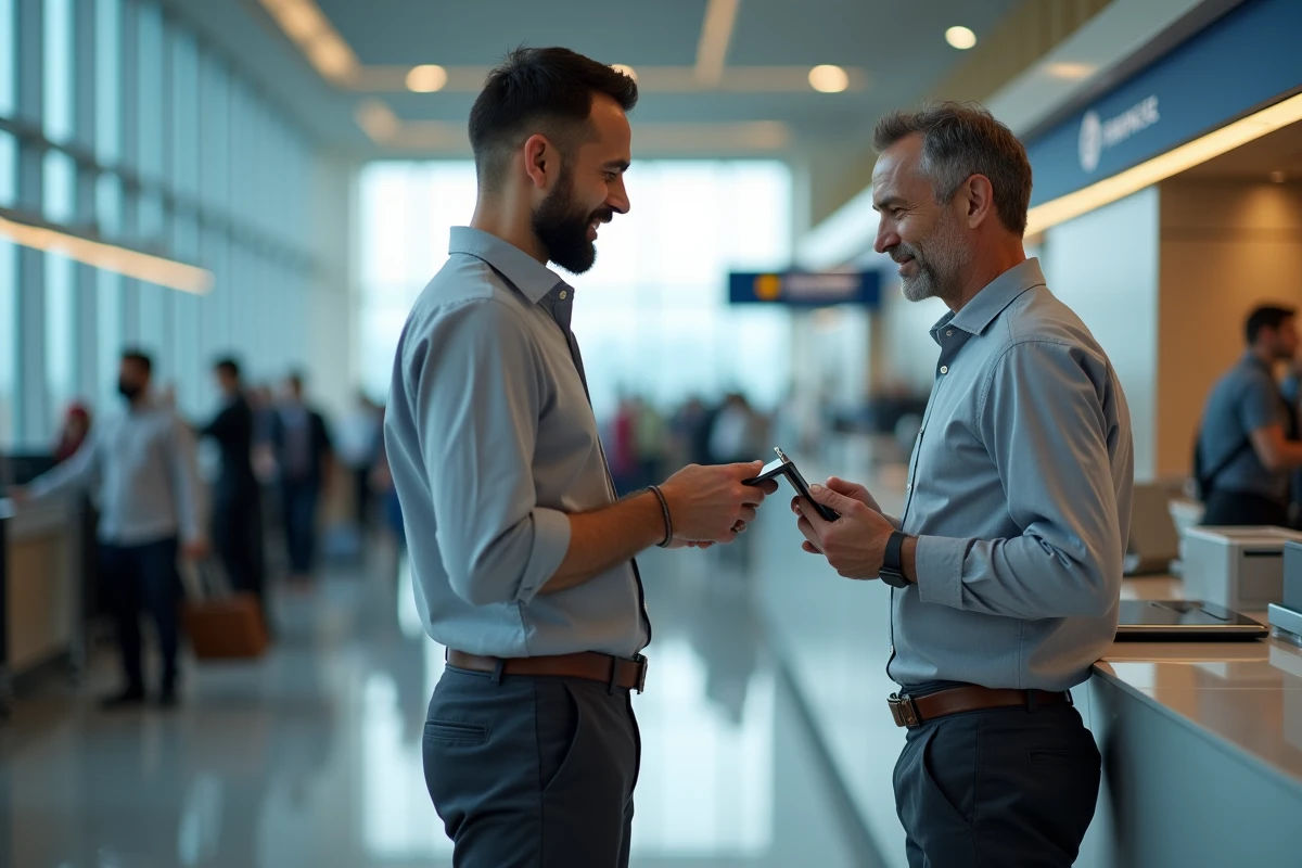 Passager masculin modifiant son vol au comptoir Air Algérie avec une tablette numérique