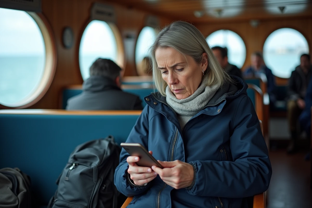 Passagère consultant son téléphone dans la cabine du ferry entre Lorient et Groix