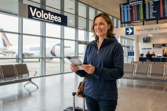 Passagère tenant une carte d'embarquement Volotea à la porte d'embarquement d'un aéroport régional européen