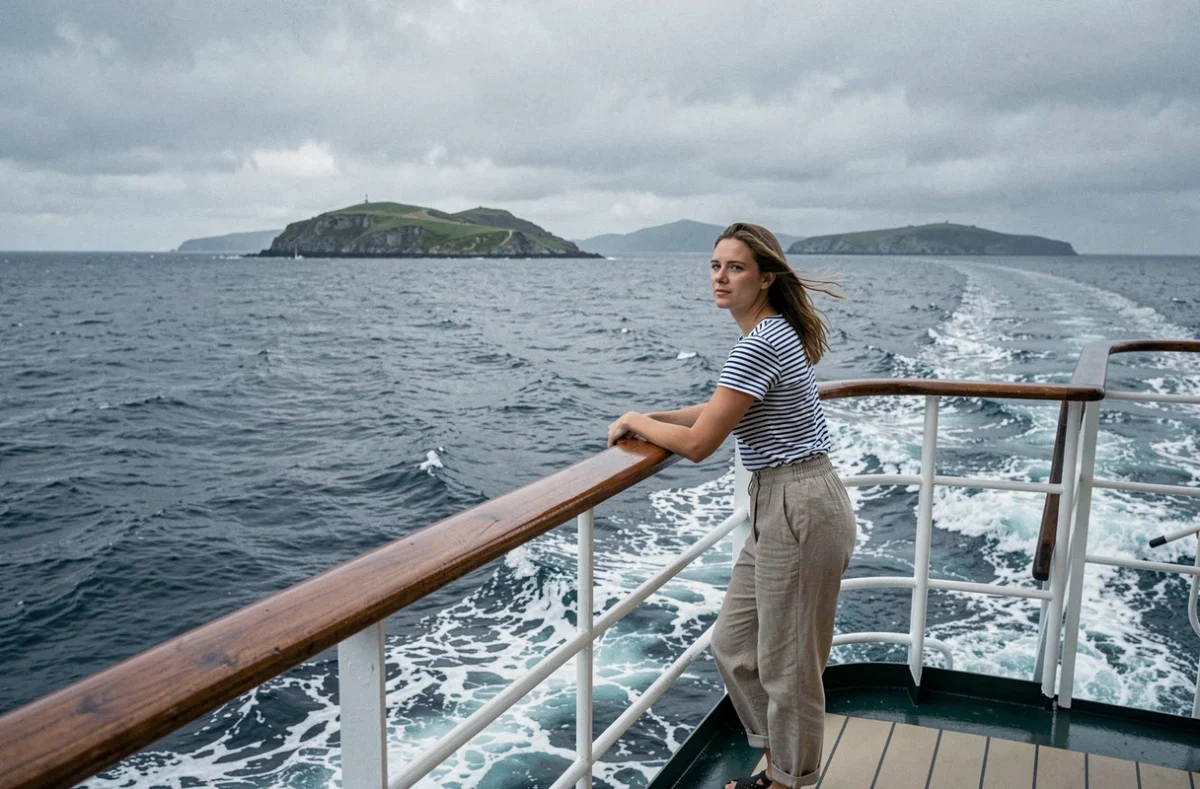 Femme en marinière bretonne observant les îles depuis le pont d'un bateau de croisière en Bretagne