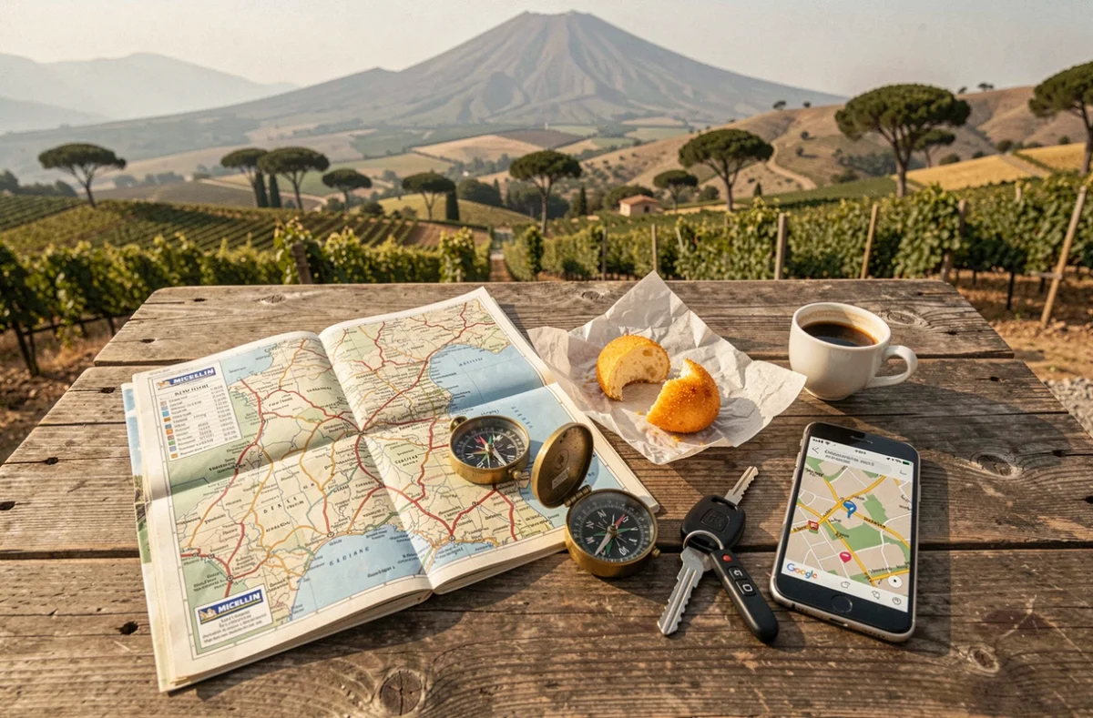 Table de trattoria sicilienne avec carte routière, café et arancino lors d'une pause road trip près de l'Etna