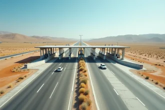 Péage sur autoroute espagnole avec plusieurs cabines de péage et voitures en file d'attente dans un paysage castillan aride
