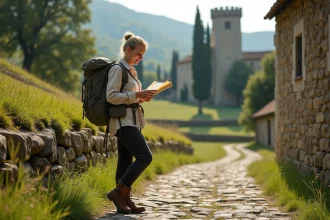 Pèlerine ajustant son sac à dos sur un chemin de Compostelle en France avec une abbaye en arrière-plan