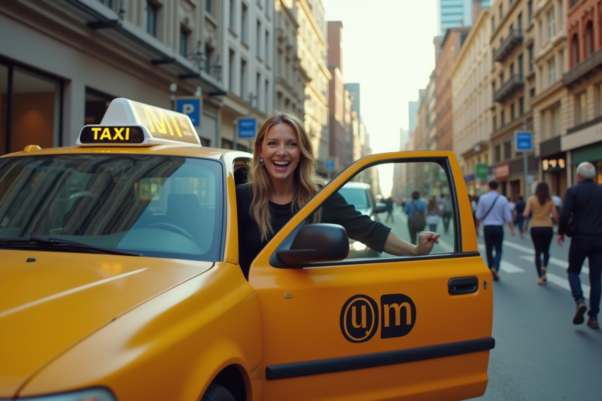 Personne entrant joyeusement dans un taxi en ville ensoleillée