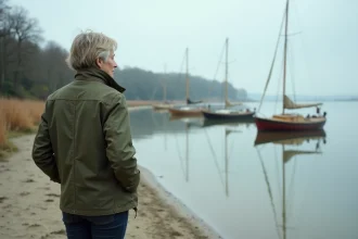 Femme locale contemplant la plage de Conleau à Vannes en dehors de la saison touristique, avec des voiliers amarrés et des arbres dénudés en arrière-plan