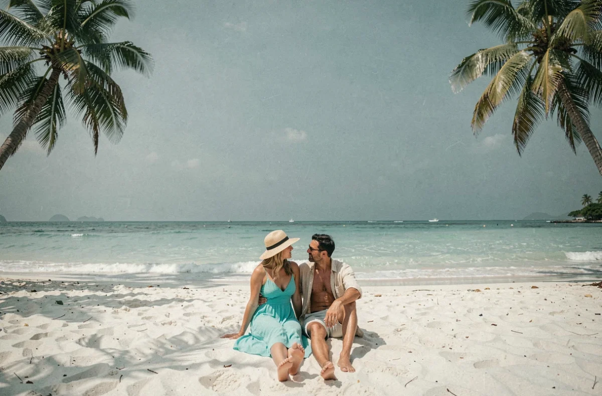 Couple assis sur une plage déserte de sable blanc à Koh Rong, île romantique du Cambodge