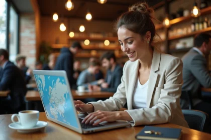 Femme consultant Google Flights dans un café pour planifier un itinéraire multi-destinations
