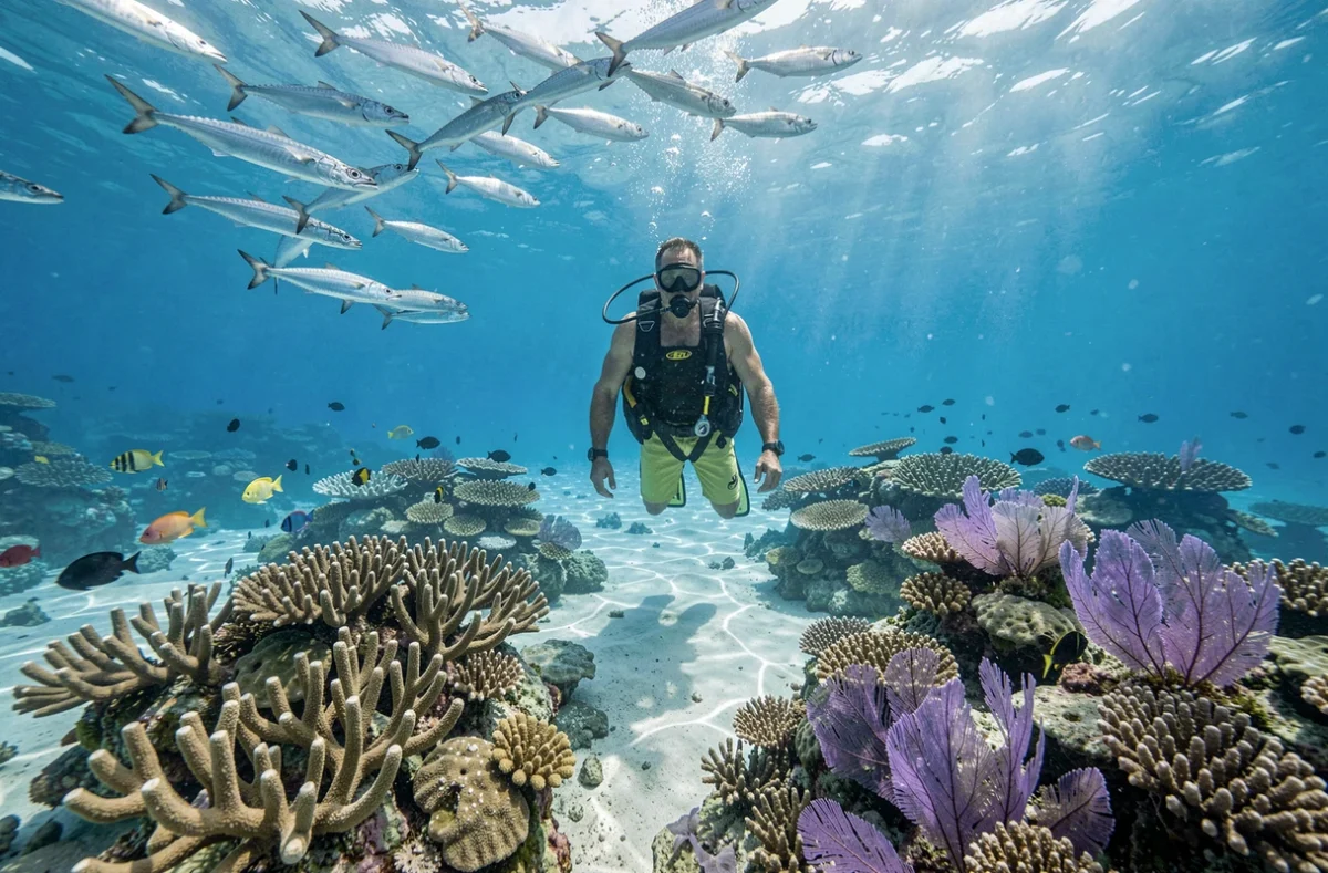 Plongeur explorant un récif corallien aux Maldives lors d'une croisière plongée