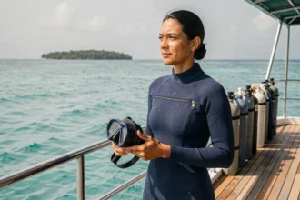 Plongeuse en combinaison sur le pont d'un bateau de croisière plongée aux Maldives