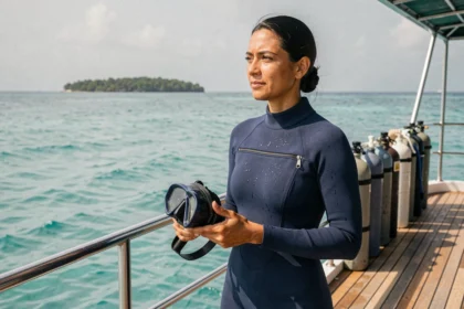 Plongeuse en combinaison sur le pont d'un bateau de croisière plongée aux Maldives