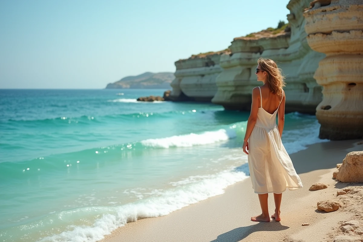 Femme sur les falaises calcaires de Polignano a Mare dans les Pouilles, vue sur la mer Adriatique turquoise