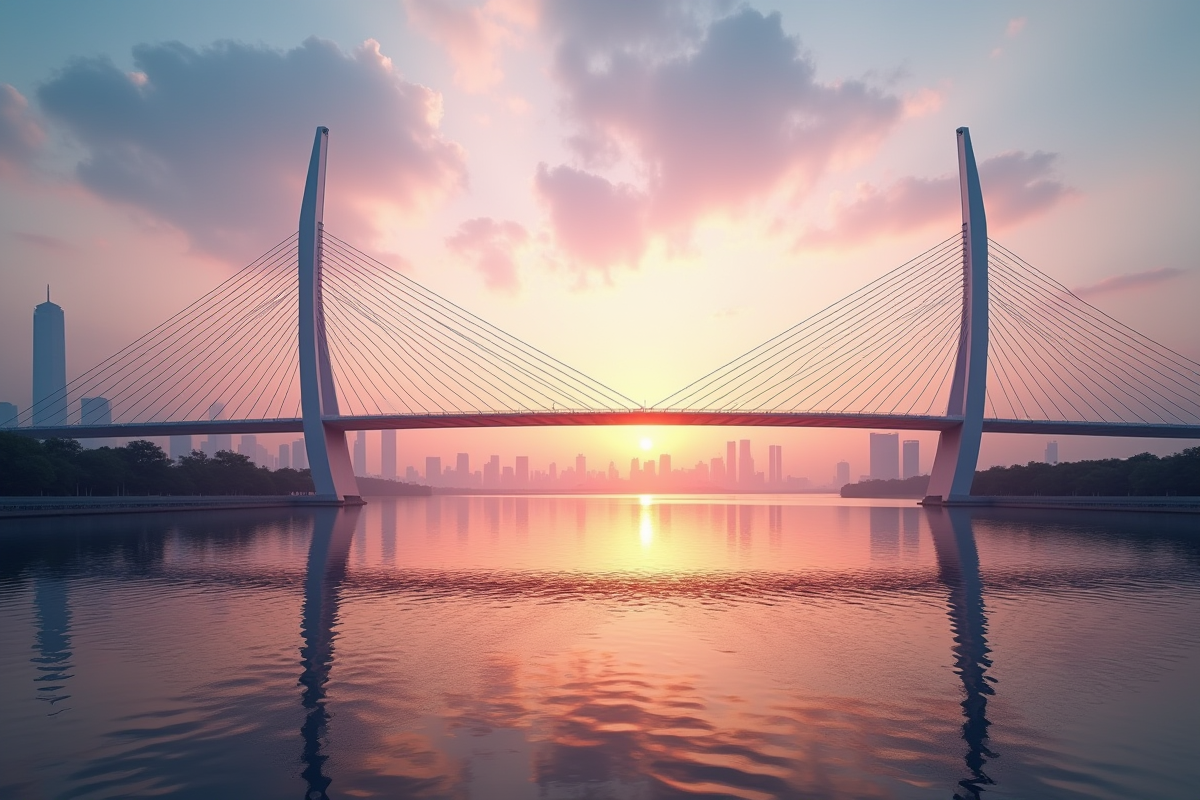 Pont à câbles futuriste au lever du soleil avec reflets