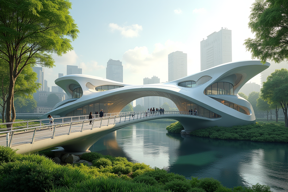Passerelle moderne avec formes géométriques dans un parc urbain