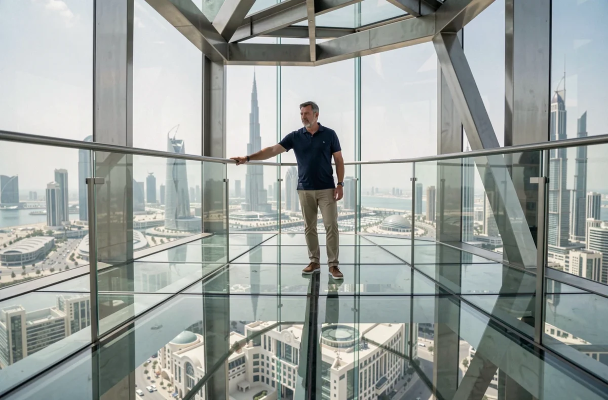 Homme sur le pont de verre du Dubai Frame avec vue sur la ville ancienne et moderne de Dubaï