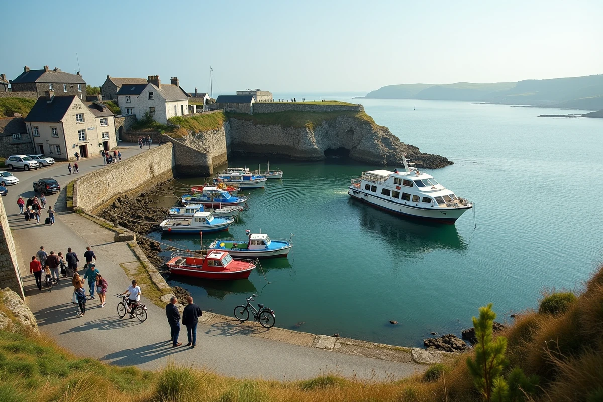 Vue du port de l'île de Groix à l'arrivée du ferry le week-end avec touristes et vélos