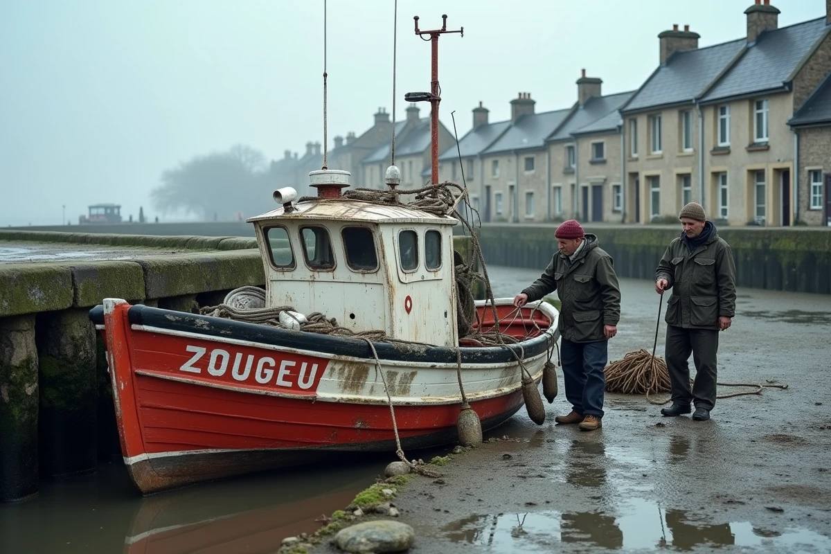 Bateau de pêche traditionnel amarré dans le port de Saint-Valery-sur-Somme à marée basse en hiver avec des pêcheurs locaux
