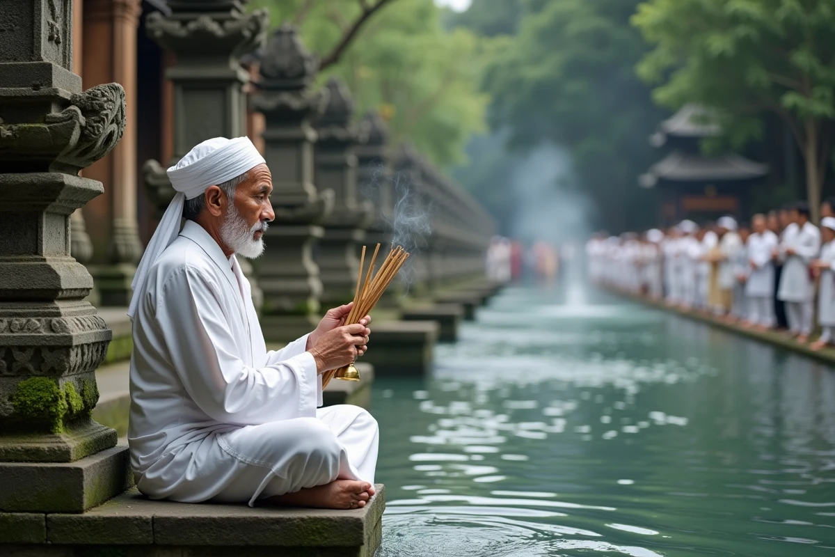 Prêtre hindou balinais en robes blanches conduisant une cérémonie de bénédiction au temple Tirta Empul à Bali, rituel spirituel et culturel balinais