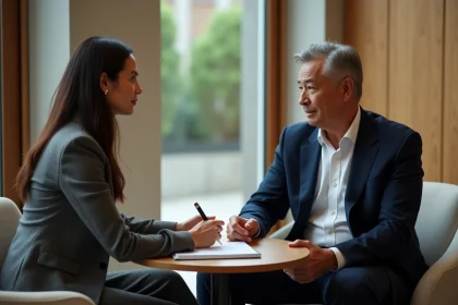 Deux professionnels discutent dans un lounge d'hôtel moderne