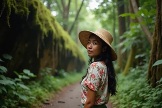 Femme philippine sur un sentier de randonnée dans la jungle de Mindanao entourée de végétation tropicale luxuriante