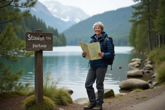 Femme souriante en randonnée au lac de Gérardmer
