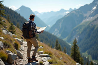 Homme en randonnée regardant la montagne avec une carte