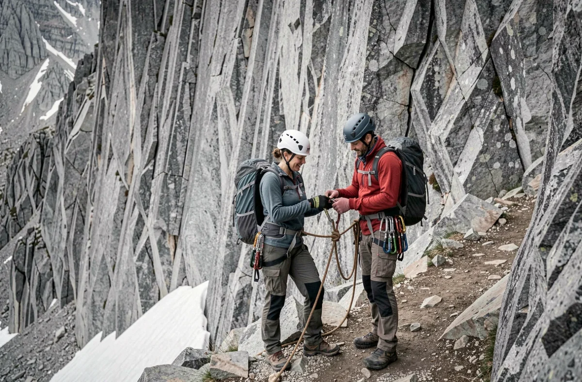 Deux randonneurs s'encordant au pied d'une paroi rocheuse avant une ascension technique en montagne