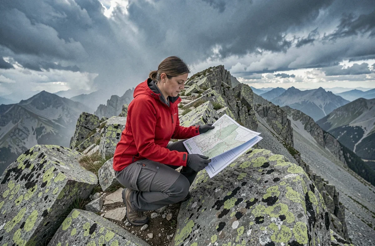 Randonneuse consultant une carte topographique sur une arête rocheuse exposée en haute montagne